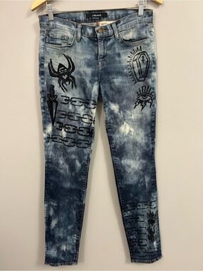 J Brand Blue Tie-Dye Skinny Jeans with Black Graphic Details Size 28